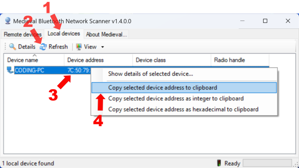 Extract Bluetooth dongle MAC address